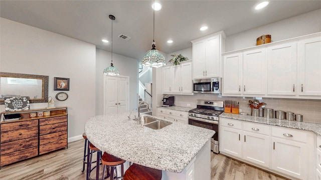 kitchen with a sink, decorative backsplash, light wood-style flooring, appliances with stainless steel finishes, and visible vents