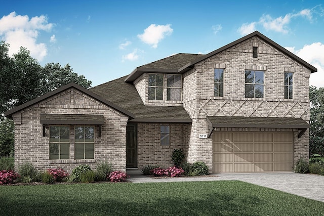 view of front of house with a front yard, driveway, and brick siding