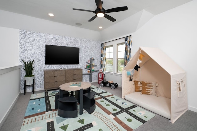 carpeted living room with a ceiling fan, recessed lighting, and baseboards