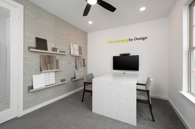 office space with dark colored carpet, a ceiling fan, and recessed lighting
