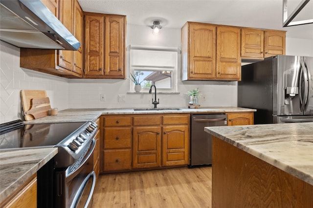 6245 Century Dr, Kennedale, TX 76060 - kitchen featuring brown cabinets, under cabinet range hood, a sink, and appliances with stainless steel finishes
