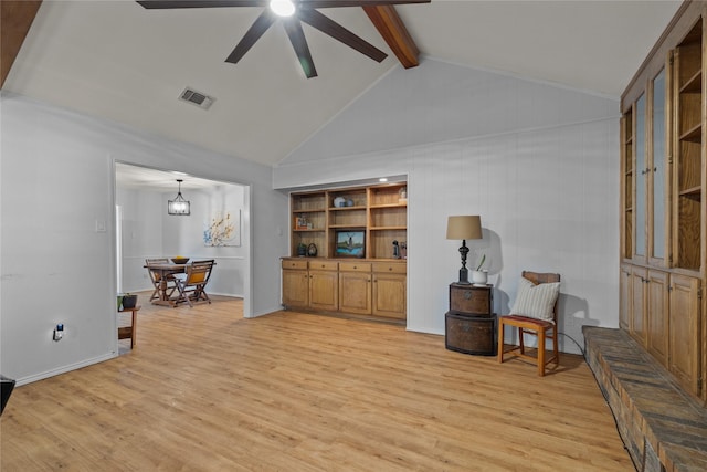6245 Century Dr, Kennedale, TX 76060 - sitting room featuring light wood-style flooring, visible vents, a ceiling fan, and lofted ceiling with beams