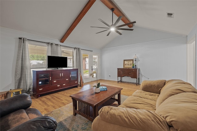6245 Century Dr, Kennedale, TX 76060 - living room featuring beamed ceiling, light wood-style flooring, visible vents, and ceiling fan
