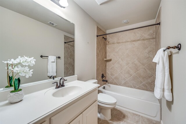 full bathroom with shower / bathing tub combination, visible vents, toilet, and vanity