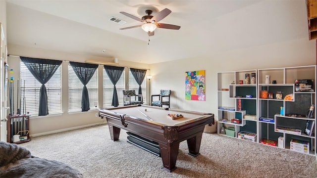 202 Beacon Hill Ln, Forney, TX 75126 - recreation room featuring billiards table, a ceiling fan, healthy amount of natural light, and carpet floors