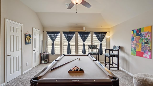 202 Beacon Hill Ln, Forney, TX 75126 - playroom featuring carpet flooring, ceiling fan, vaulted ceiling, and billiards table