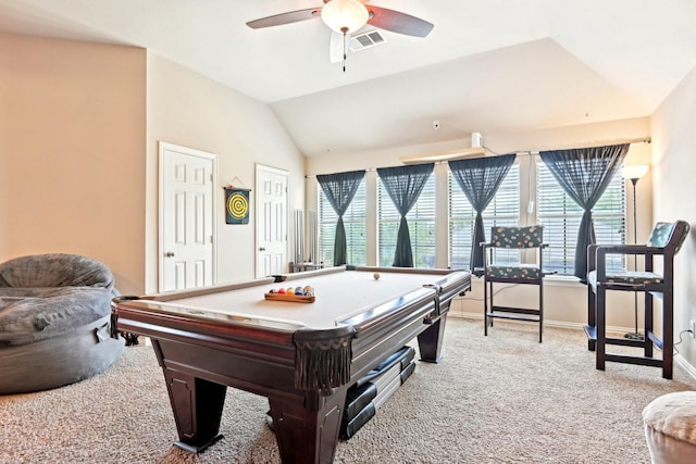 202 Beacon Hill Ln, Forney, TX 75126 - rec room featuring light colored carpet, ceiling fan, billiards table, lofted ceiling, and baseboards