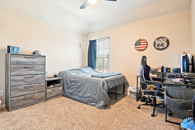 202 Beacon Hill Ln, Forney, TX 75126 - bedroom featuring carpet floors, an office area, baseboards, vaulted ceiling, and ceiling fan