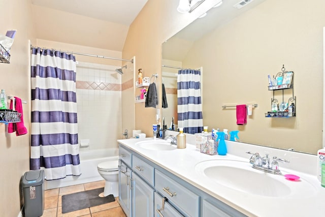 202 Beacon Hill Ln, Forney, TX 75126 - full bathroom featuring double vanity, tile patterned floors, toilet, and shower / bath combo with shower curtain