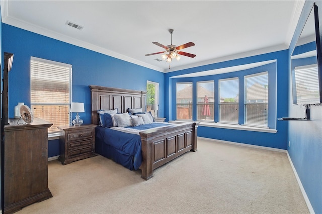 5808 Arabian Dr, Grand Prairie, TX 75052 - bedroom with visible vents, crown molding, baseboards, and light carpet
