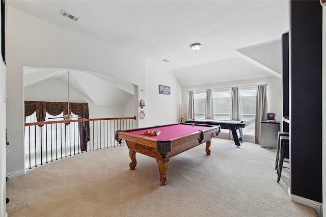 5808 Arabian Dr, Grand Prairie, TX 75052 - rec room with light carpet, vaulted ceiling, visible vents, and pool table