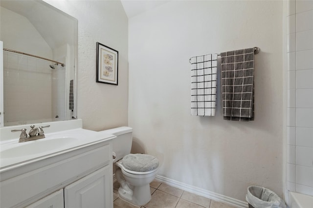 5808 Arabian Dr, Grand Prairie, TX 75052 - full bath with vanity, walk in shower, baseboards, toilet, and tile patterned flooring