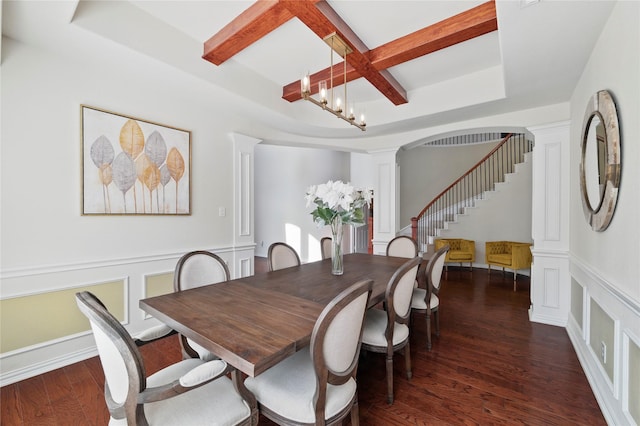 5808 Arabian Dr, Grand Prairie, TX 75052 - dining area with stairway, wood finished floors, a raised ceiling, coffered ceiling, and ornate columns