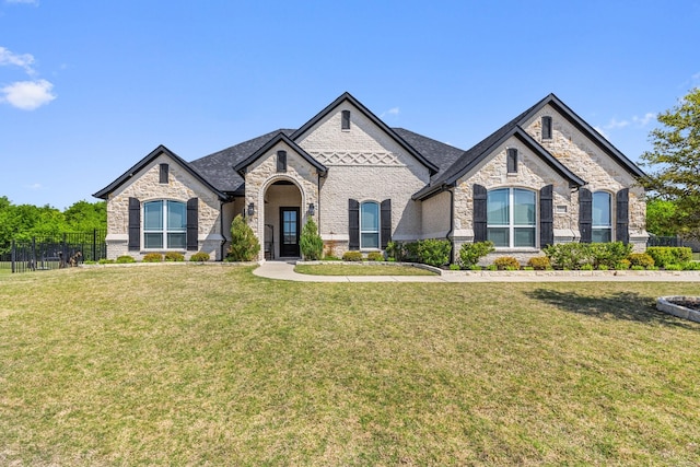 french country home featuring brick siding, a front lawn, fence, and stone siding