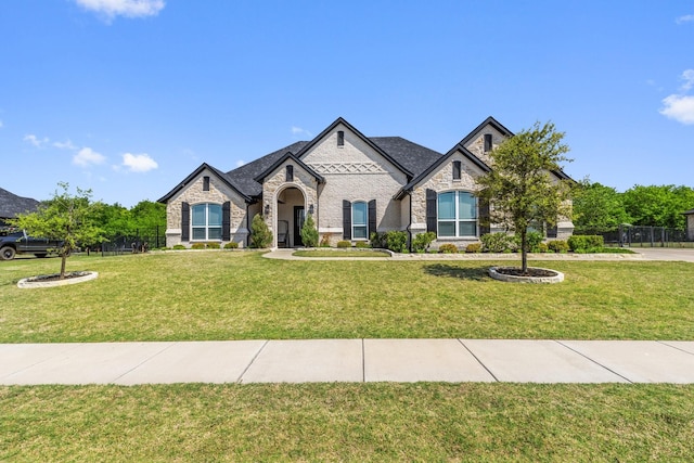 french country inspired facade with stone siding, fence, brick siding, and a front yard