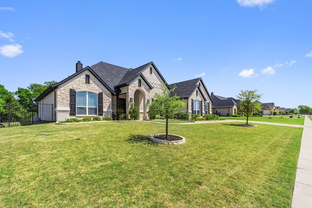 french country style house with a front lawn, stone siding, a chimney, fence, and brick siding