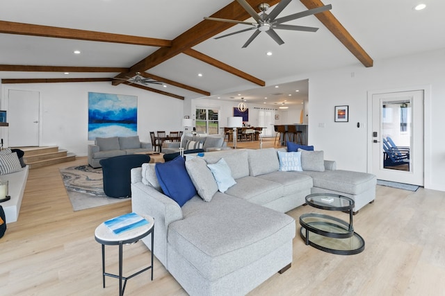 living room with recessed lighting, ceiling fan, vaulted ceiling with beams, and light wood-type flooring