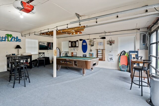 recreation room with a garage, billiards, and carpet flooring