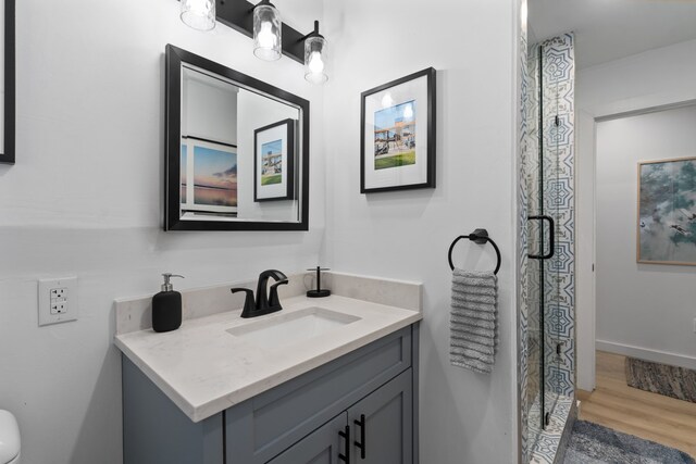 bathroom featuring wood finished floors, a shower stall, and vanity