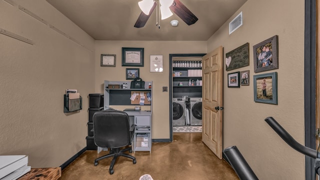 2380 County Road 422, Huckabay, TX 76401 - office space with ceiling fan, visible vents, concrete flooring, baseboards, and washer and clothes dryer