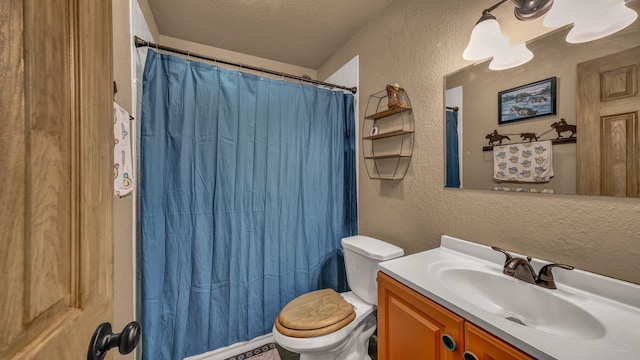 2380 County Road 422, Huckabay, TX 76401 - bathroom featuring vanity, a textured wall, a shower with shower curtain, and toilet