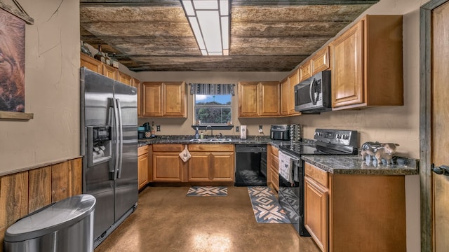 2380 County Road 422, Huckabay, TX 76401 - kitchen featuring a sink, brown cabinets, black appliances, and concrete floors
