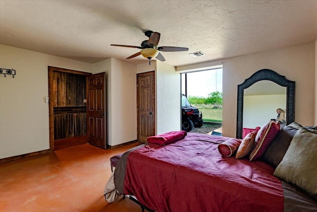 bedroom featuring a ceiling fan, baseboards, access to outside, and visible vents