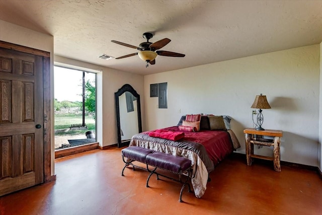 bedroom featuring visible vents, a ceiling fan, concrete flooring, baseboards, and access to outside