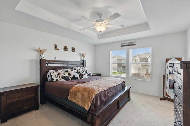 1020 Valerian Dr, Haslet, TX 76052 - bedroom with a raised ceiling, light colored carpet, ornamental molding, a ceiling fan, and baseboards