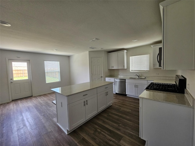 1020 Valerian Dr, Haslet, TX 76052 - kitchen with stainless steel dishwasher, a sink, a center island, a textured ceiling, and gas stove