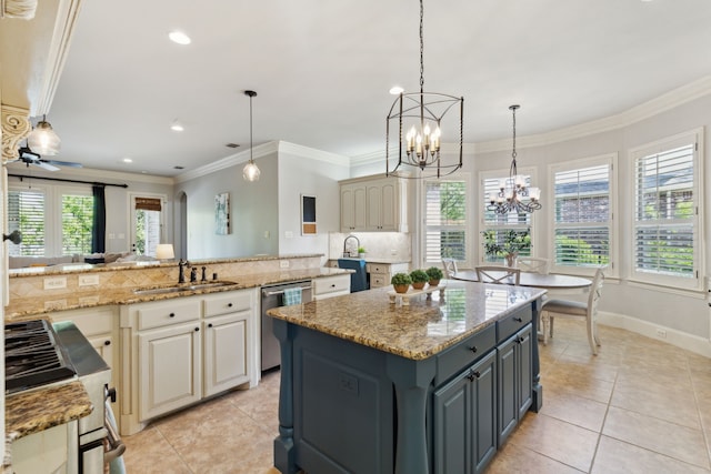 1191 Broken Bend Dr, Prosper, TX 75078 - kitchen with appliances with stainless steel finishes, a chandelier, a sink, light tile patterned floors, and ornamental molding