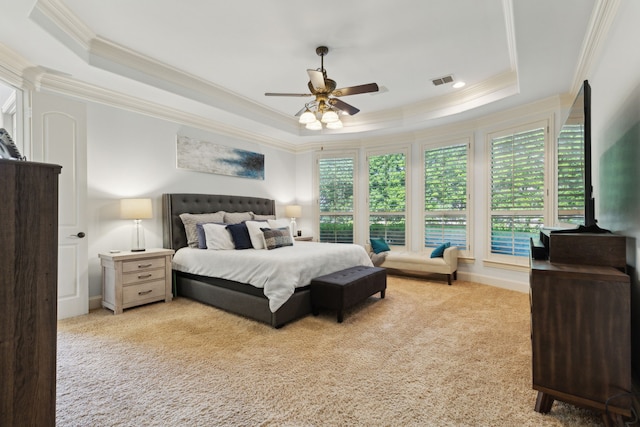 1191 Broken Bend Dr, Prosper, TX 75078 - bedroom featuring ornamental molding, a raised ceiling, light colored carpet, and a ceiling fan