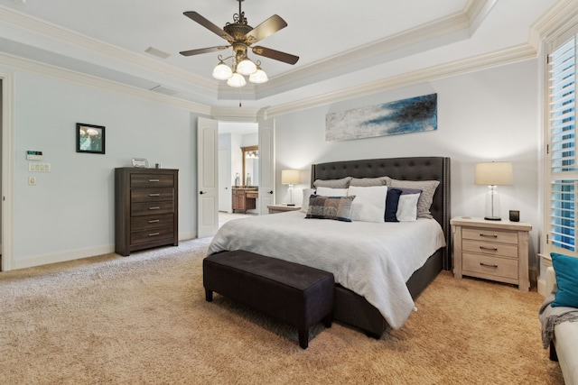 1191 Broken Bend Dr, Prosper, TX 75078 - bedroom featuring a tray ceiling, crown molding, light colored carpet, ceiling fan, and baseboards