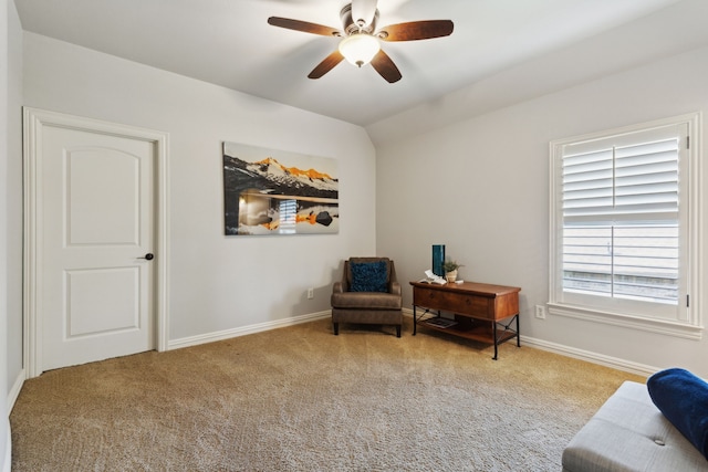 1191 Broken Bend Dr, Prosper, TX 75078 - sitting room featuring carpet flooring, baseboards, lofted ceiling, and a ceiling fan