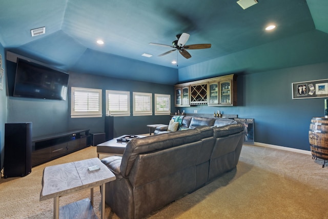 1191 Broken Bend Dr, Prosper, TX 75078 - living room with bar with sink, light colored carpet, vaulted ceiling, ceiling fan, and recessed lighting