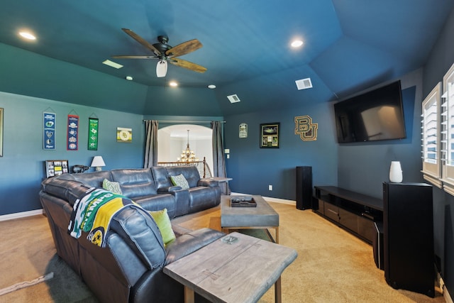 1191 Broken Bend Dr, Prosper, TX 75078 - home theater room with light colored carpet, ceiling fan, lofted ceiling, a chandelier, and recessed lighting