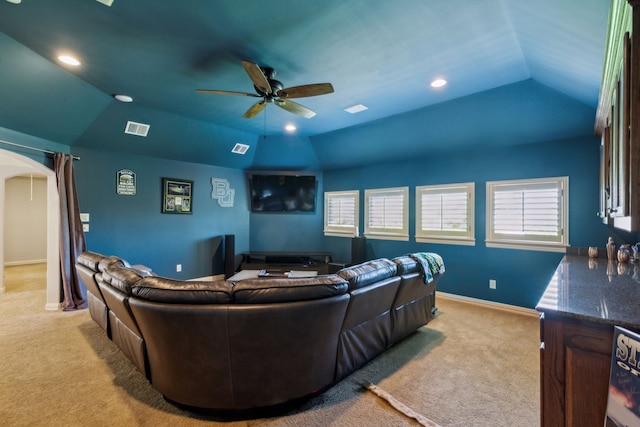 1191 Broken Bend Dr, Prosper, TX 75078 - cinema room with ceiling fan, arched walkways, light colored carpet, lofted ceiling, and recessed lighting