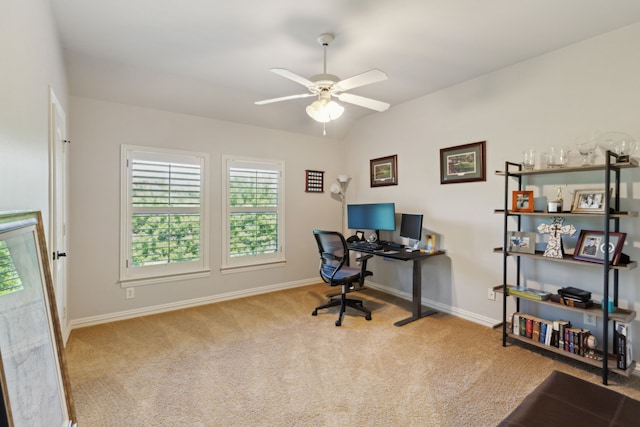 1191 Broken Bend Dr, Prosper, TX 75078 - home office featuring carpet flooring, a ceiling fan, baseboards, and lofted ceiling