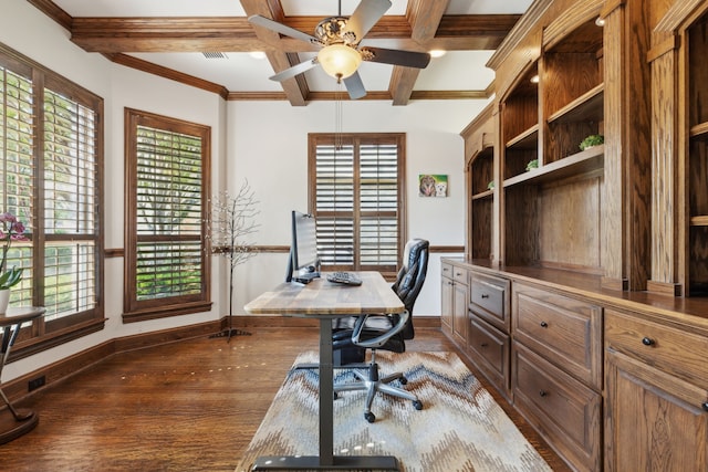 1191 Broken Bend Dr, Prosper, TX 75078 - office featuring dark wood-style floors, coffered ceiling, ceiling fan, baseboards, and beamed ceiling