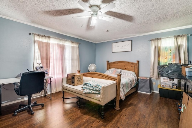 4158 Fm 6, Caddo Mills, TX 75135 - bedroom with ornamental molding, wood finished floors, a textured ceiling, a desk, and ceiling fan