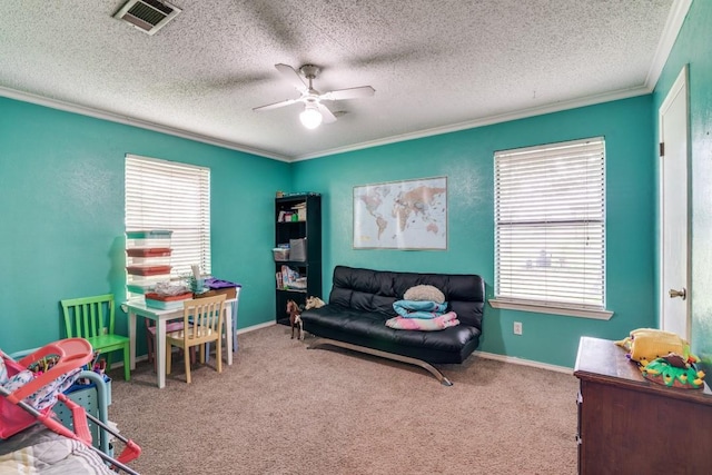 carpeted bedroom featuring crown molding, a textured ceiling, visible vents, and multiple windows