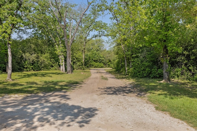 view of road featuring a wooded view
