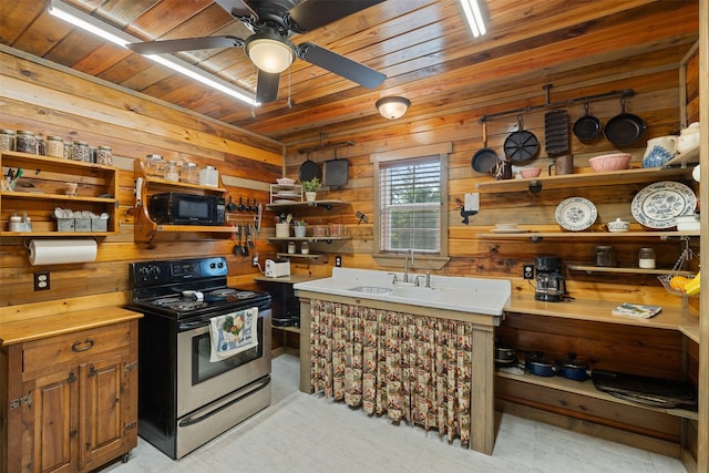 kitchen with open shelves, wooden ceiling, wood walls, and stainless steel range with electric stovetop