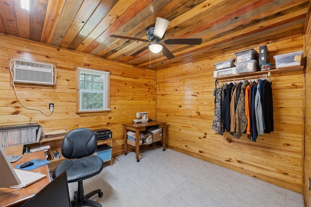 office area with wood ceiling, a ceiling fan, a wall unit AC, and wood walls