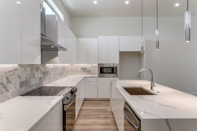 1775 Novela Way, Dallas, TX 75215 - kitchen featuring modern cabinets, appliances with stainless steel finishes, a sink, wall chimney exhaust hood, and white cabinets