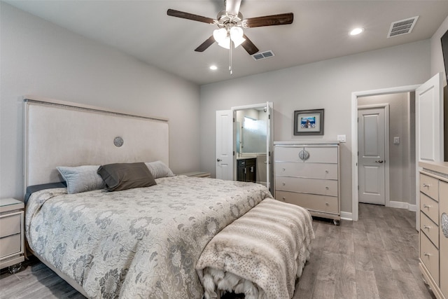 736 Wilmott Ter, Fort Worth, TX 76247 - bedroom with light wood-type flooring, recessed lighting, baseboards, a ceiling fan, and connected bathroom