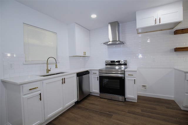 2427 Costa Mesa Dr, Dallas, TX 75228 - kitchen with stainless steel appliances, a sink, dark wood finished floors, decorative backsplash, and wall chimney range hood