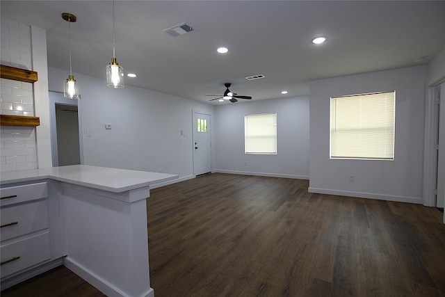 2427 Costa Mesa Dr, Dallas, TX 75228 - kitchen featuring open shelves, a ceiling fan, visible vents, and dark wood-style flooring