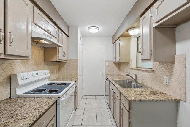 112 Bow Creek Cir, Red Oak, TX 75154 - kitchen with white electric range oven, under cabinet range hood, dishwasher, a sink, and backsplash