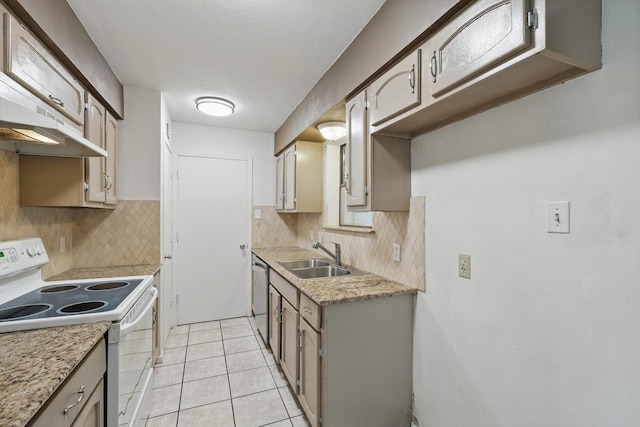 kitchen with electric range, light countertops, tasteful backsplash, a sink, and dishwasher